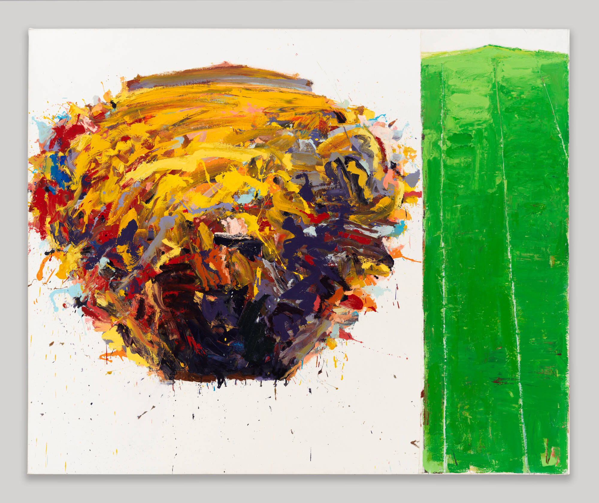 Left side of the canvas is an sbstract shape that looks like a pot, right side of canvas is a thick, green vertical line.